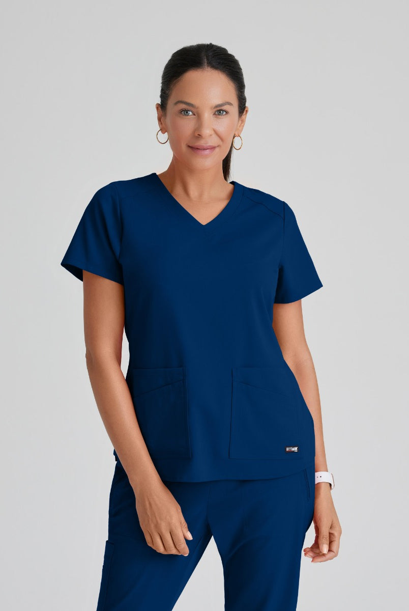 Greys Anatomy Emma 4 pocket, V-neck scrub top with angled seams | NAVY