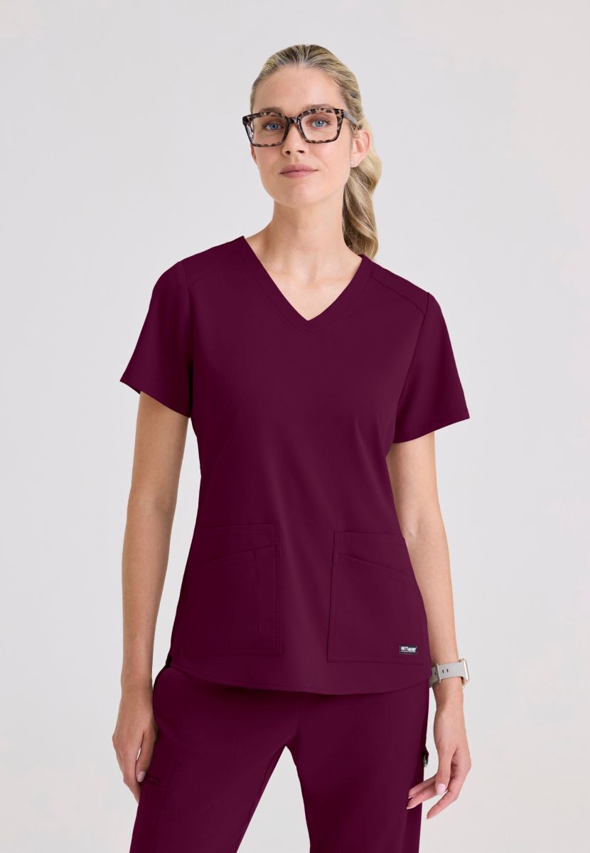 Greys Anatomy Emma 4 pocket, V-neck scrub top with angled seams | Wine