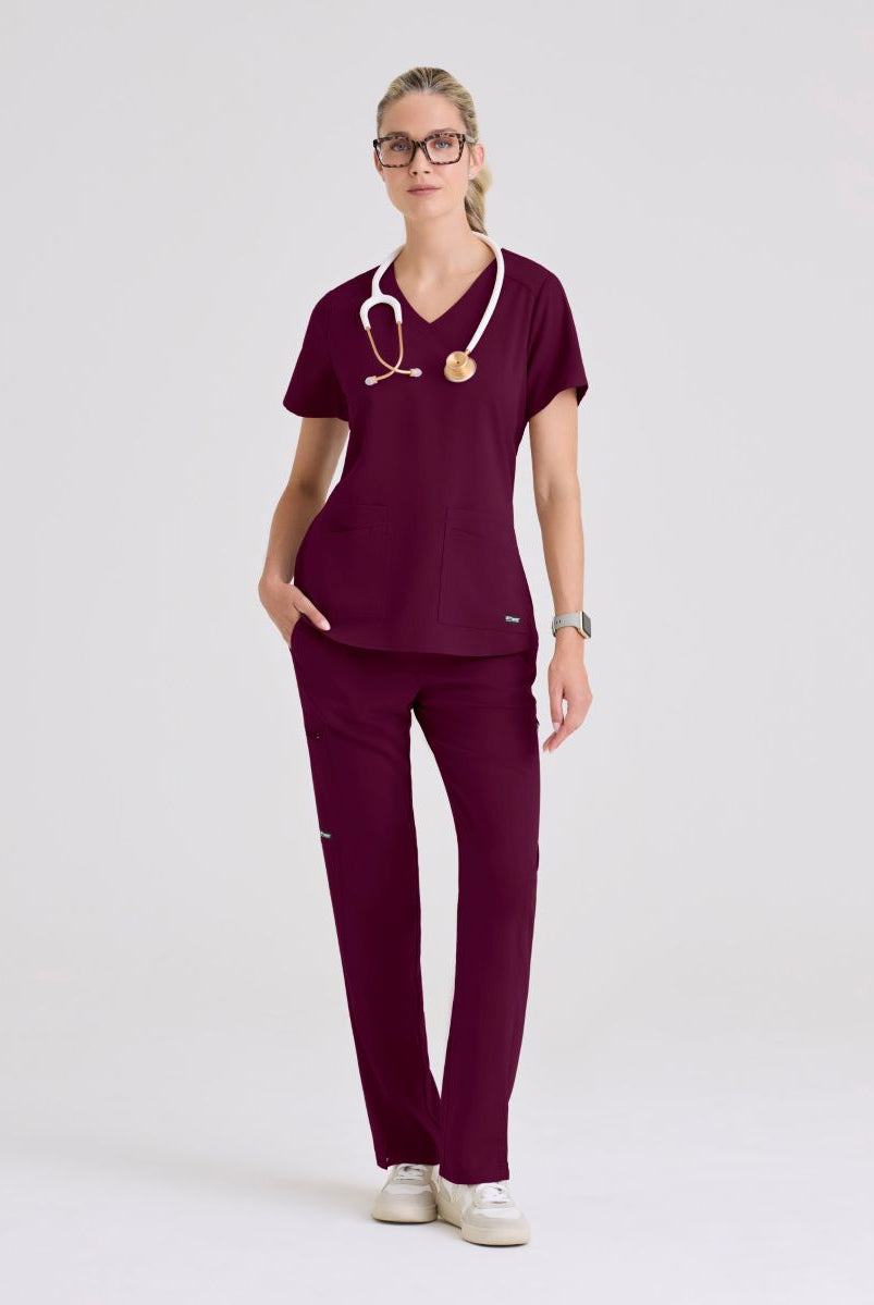 Greys Anatomy Emma 4 pocket, V-neck scrub top with angled seams | Wine