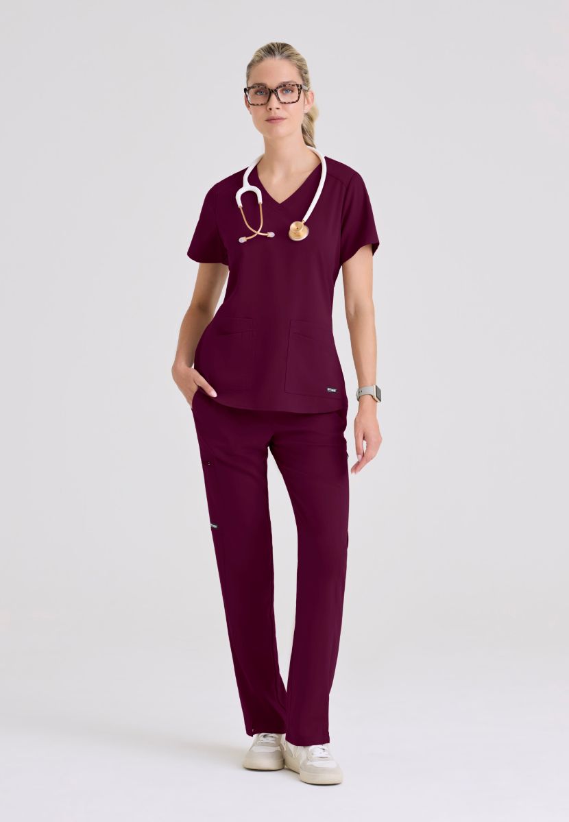 Greys Anatomy Emma 4 pocket, V-neck scrub top with angled seams | Wine