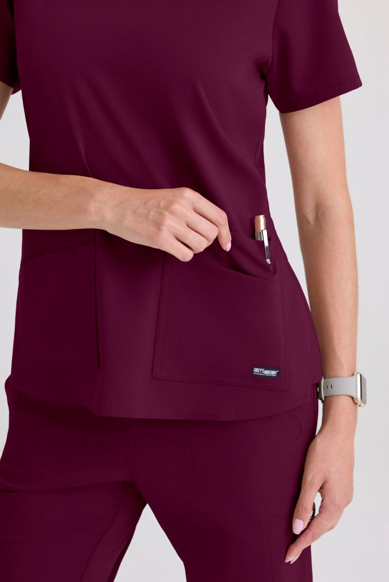 Greys Anatomy Emma 4 pocket, V-neck scrub top with angled seams | Wine