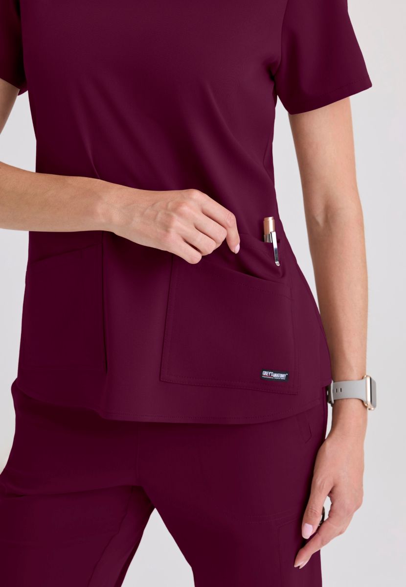 Greys Anatomy Emma 4 pocket, V-neck scrub top with angled seams | Wine
