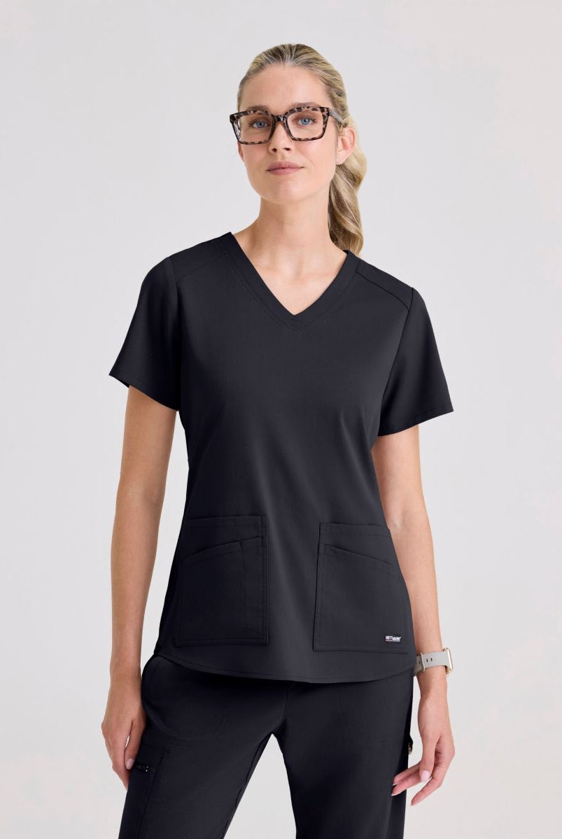 Greys Anatomy Emma 4 pocket, V-neck scrub top with angled seams | Steel