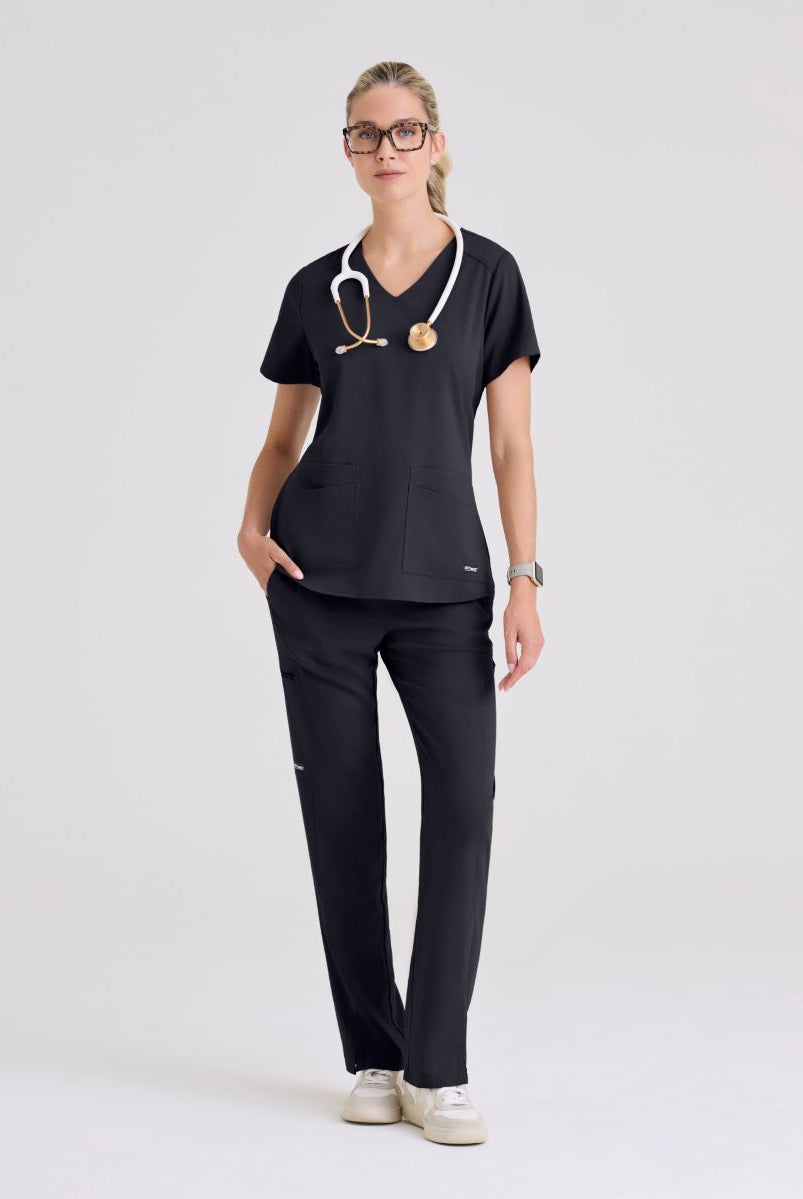 Greys Anatomy Emma 4 pocket, V-neck scrub top with angled seams | Steel