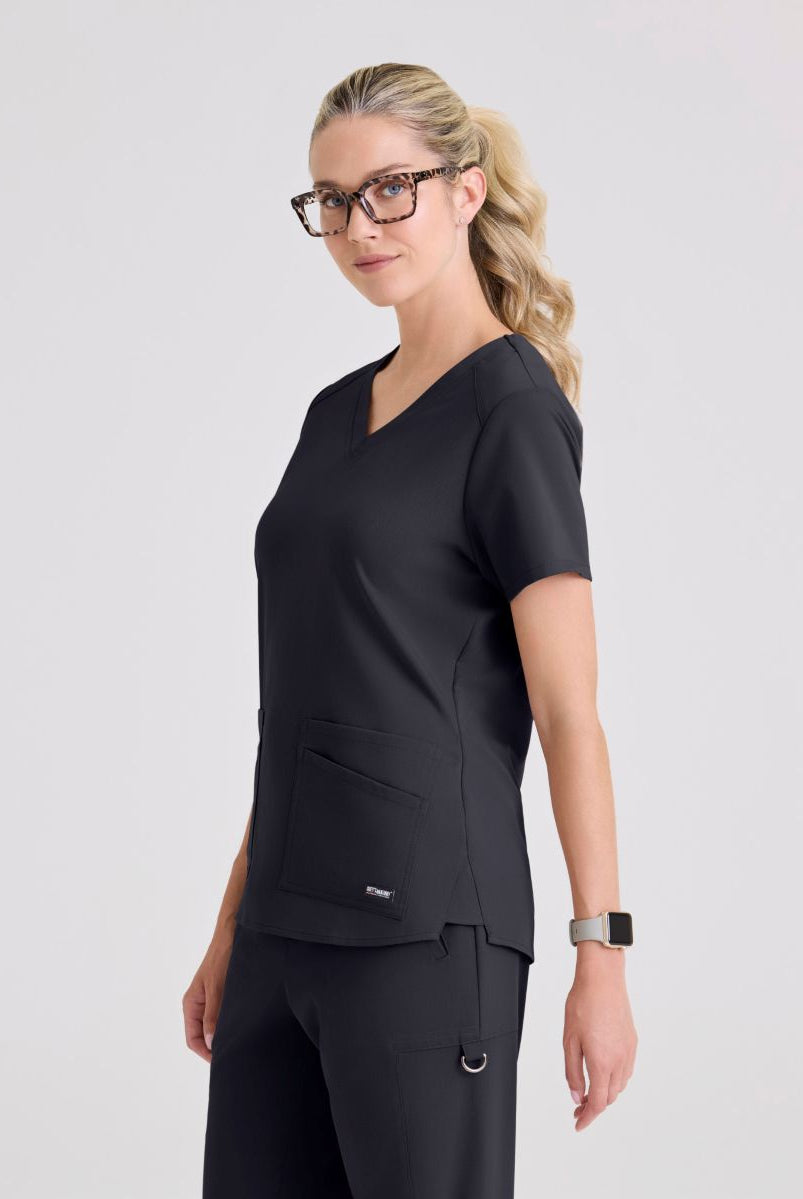 Greys Anatomy Emma 4 pocket, V-neck scrub top with angled seams | Steel