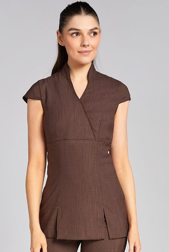 NICOLE WRAP EFFECT BEAUTY TUNIC | BROWN LINEN LOOK