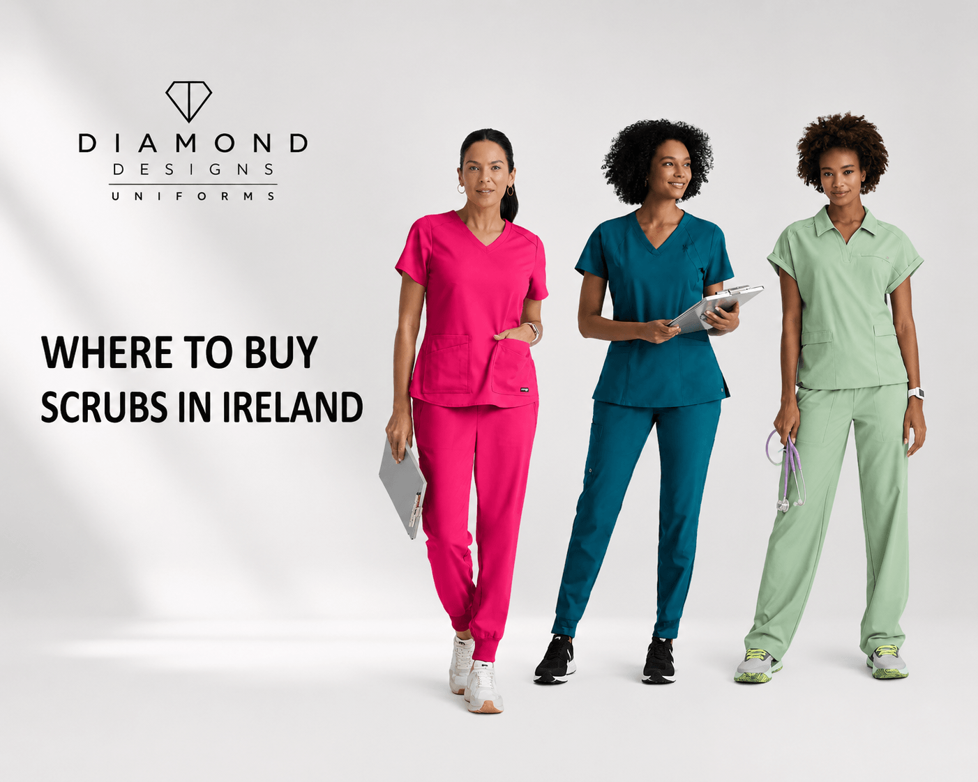 3 models wearing scrubs and a text 'Where to Buy Scrubs in Ireland''