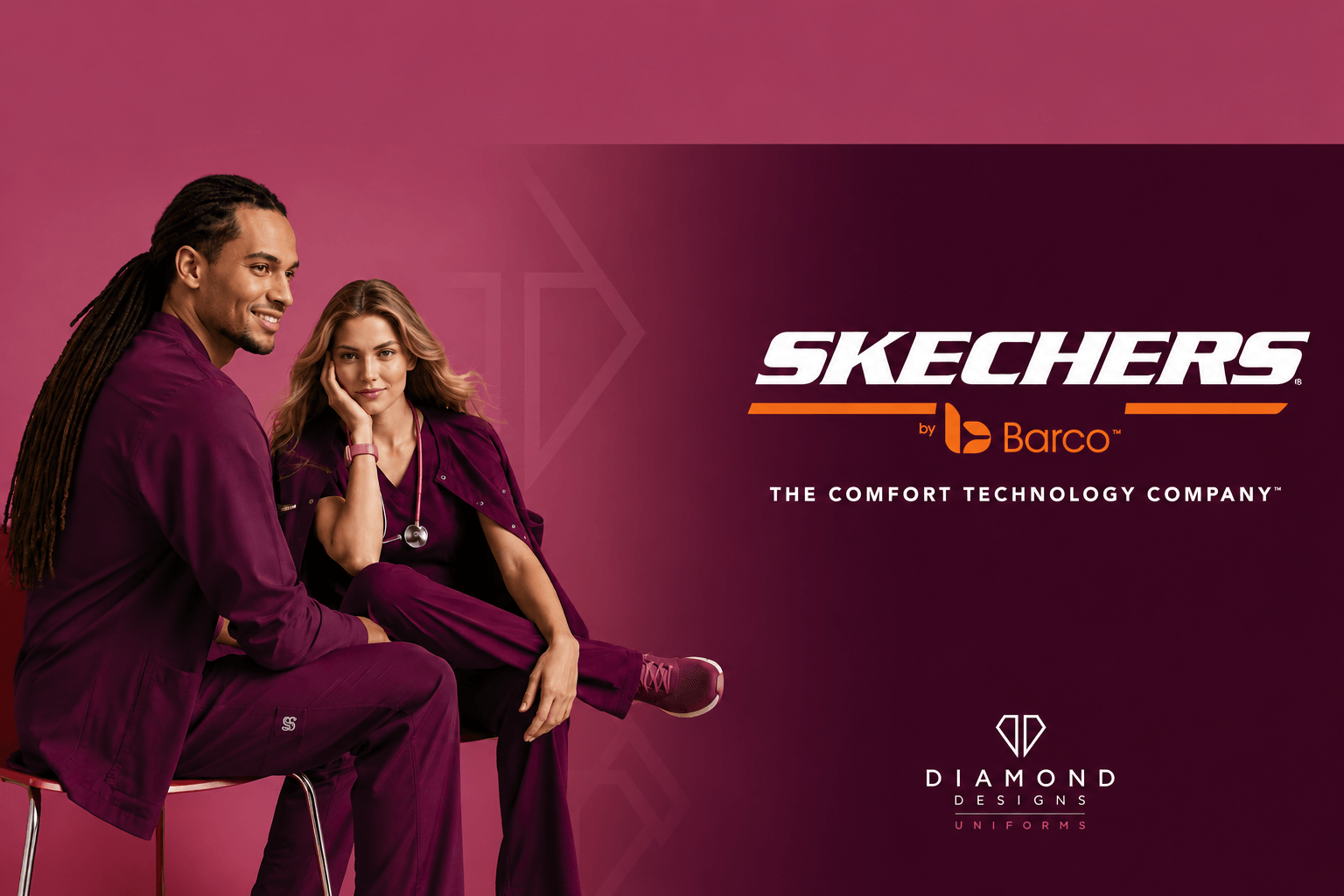 male and female medical professional in wine coloured scrubs