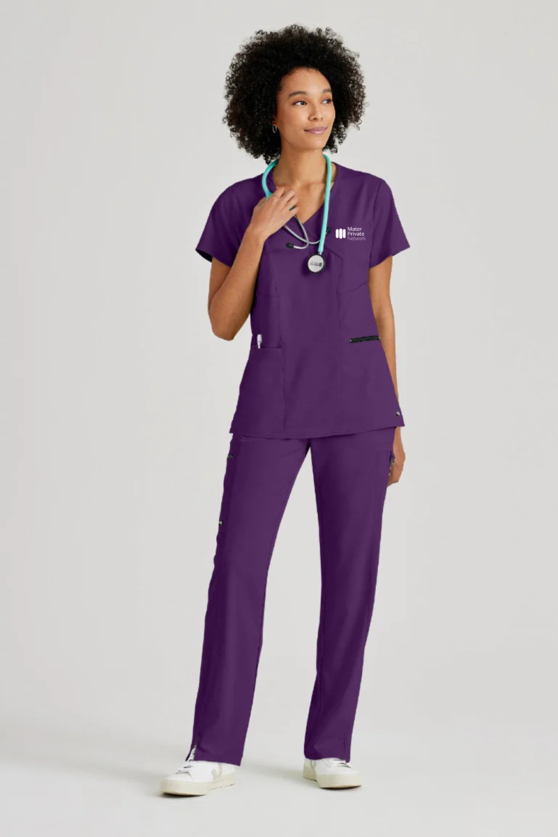 MATER PRIVATE NETWORK LOGO Greys Anatomy V-Neck Kim Top with Zip Front Pocket | Eggplant