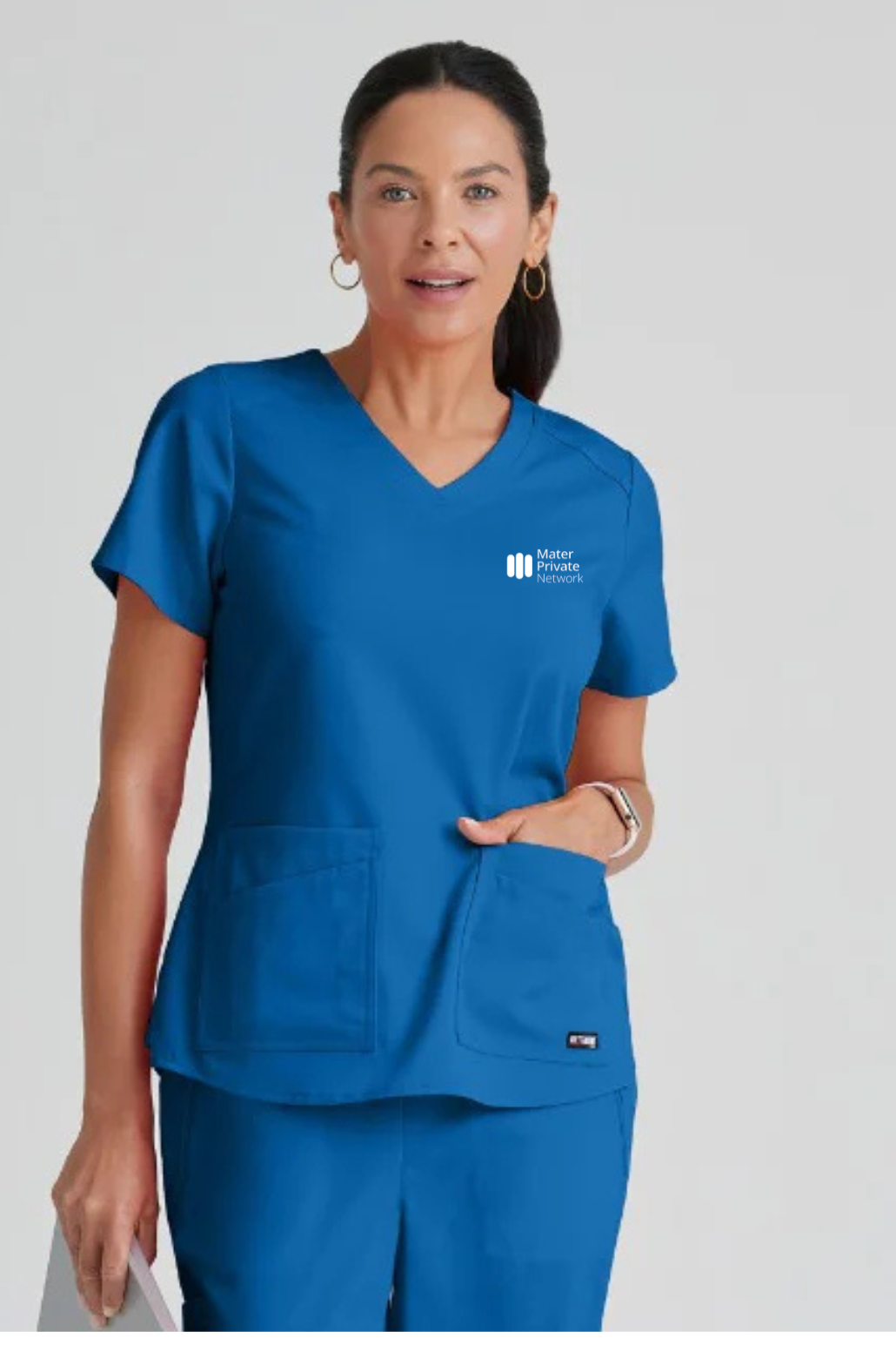 MATER PRIVATE NETWORK LOGO Greys Anatomy Emma 4 pocket, V-neck scrub top with angled seams | New Royal