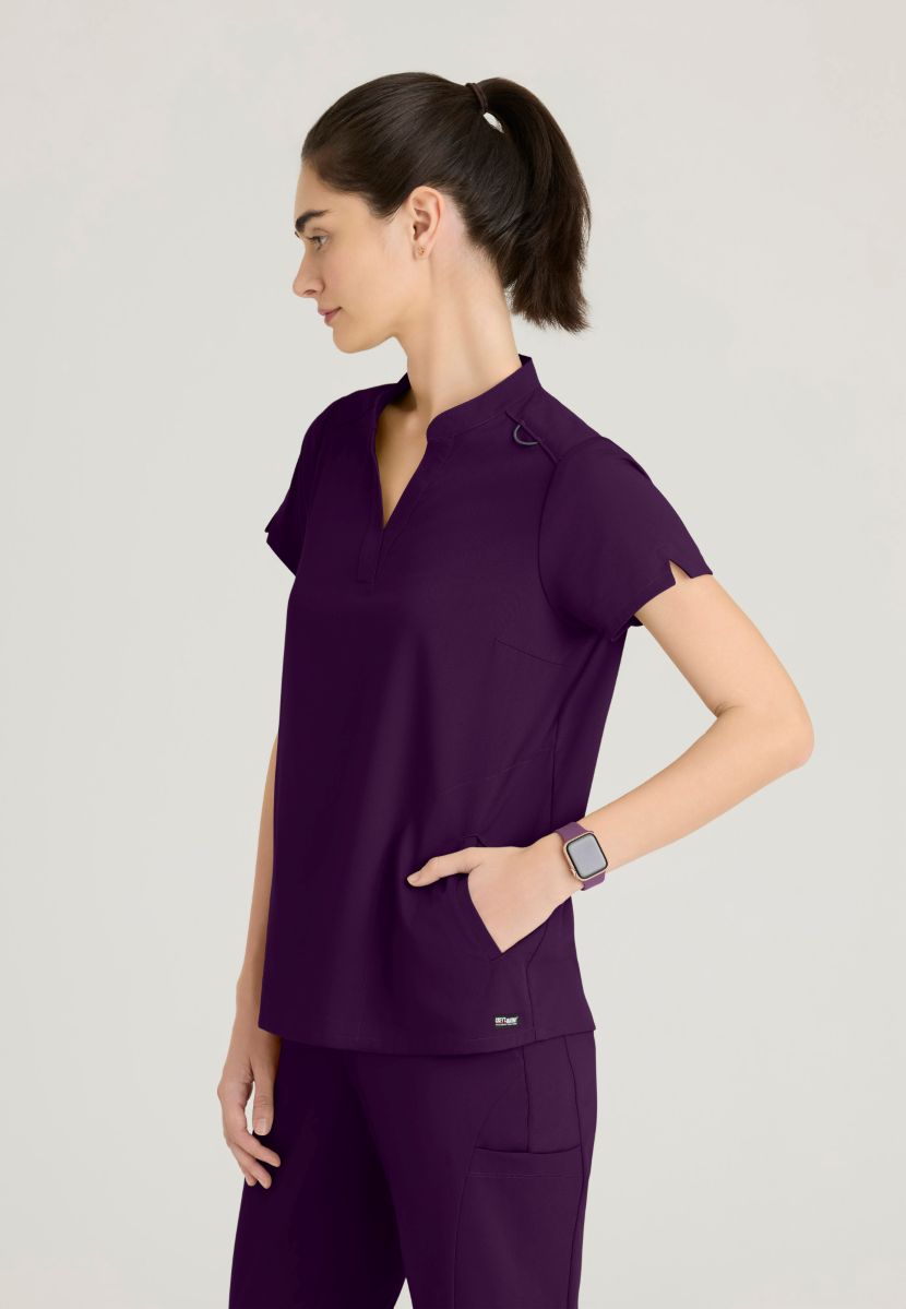 Grey's Anatomy Avery 2 Pocket Banded Collar Top | Eggplant