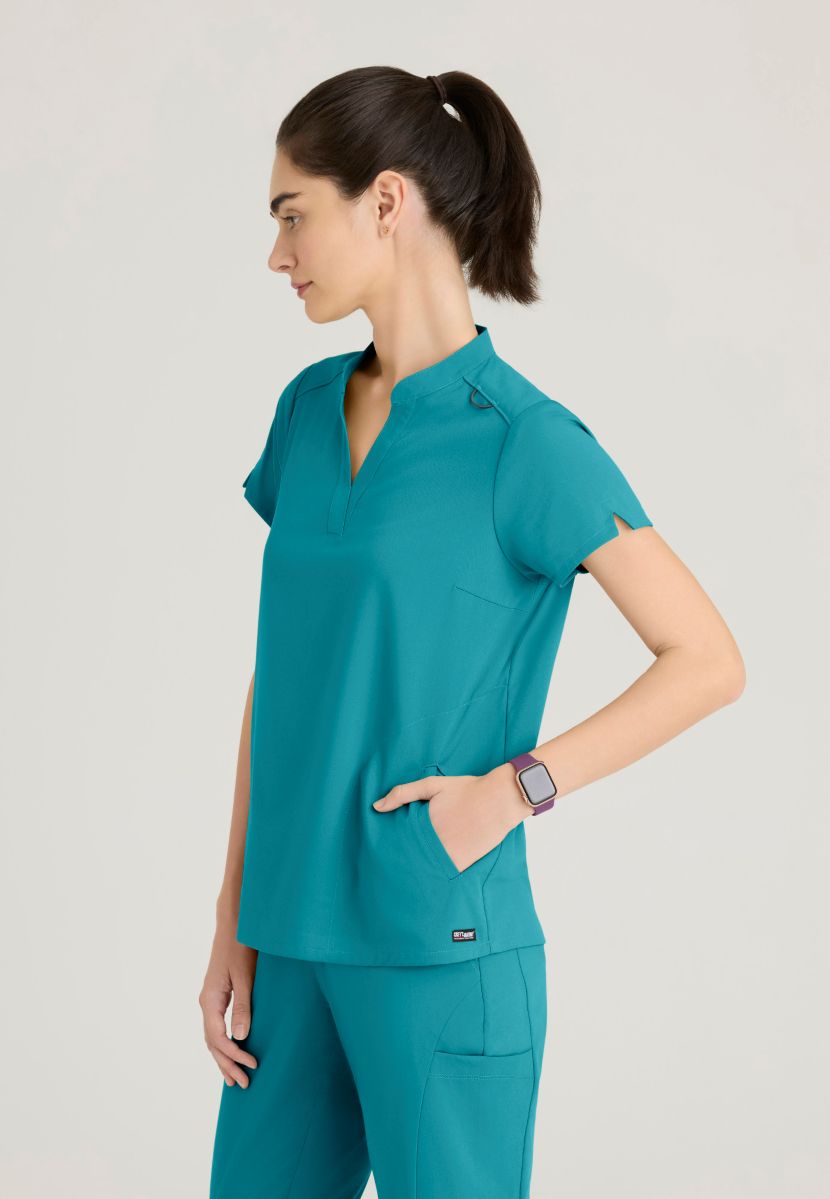 Grey's Anatomy Avery 2 Pocket Banded Collar Top | Teal