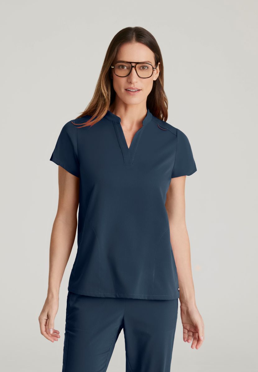 Grey's Anatomy Avery 2 Pocket Banded Collar Top | Steel