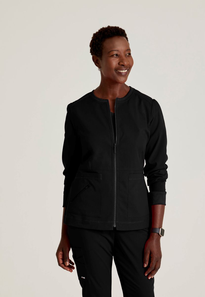 Grey's Anatomy Spandex Stretch Millie Jacket-3 Pocket Zip Jacket | BLACK
