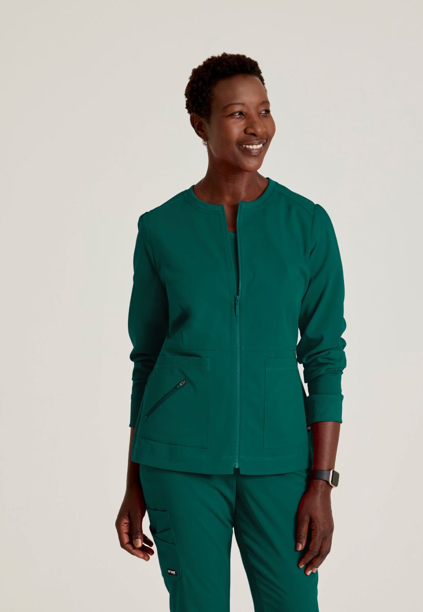 Grey's Anatomy Spandex Stretch Millie Jacket-3 Pocket Zip Jacket | Hunter Green