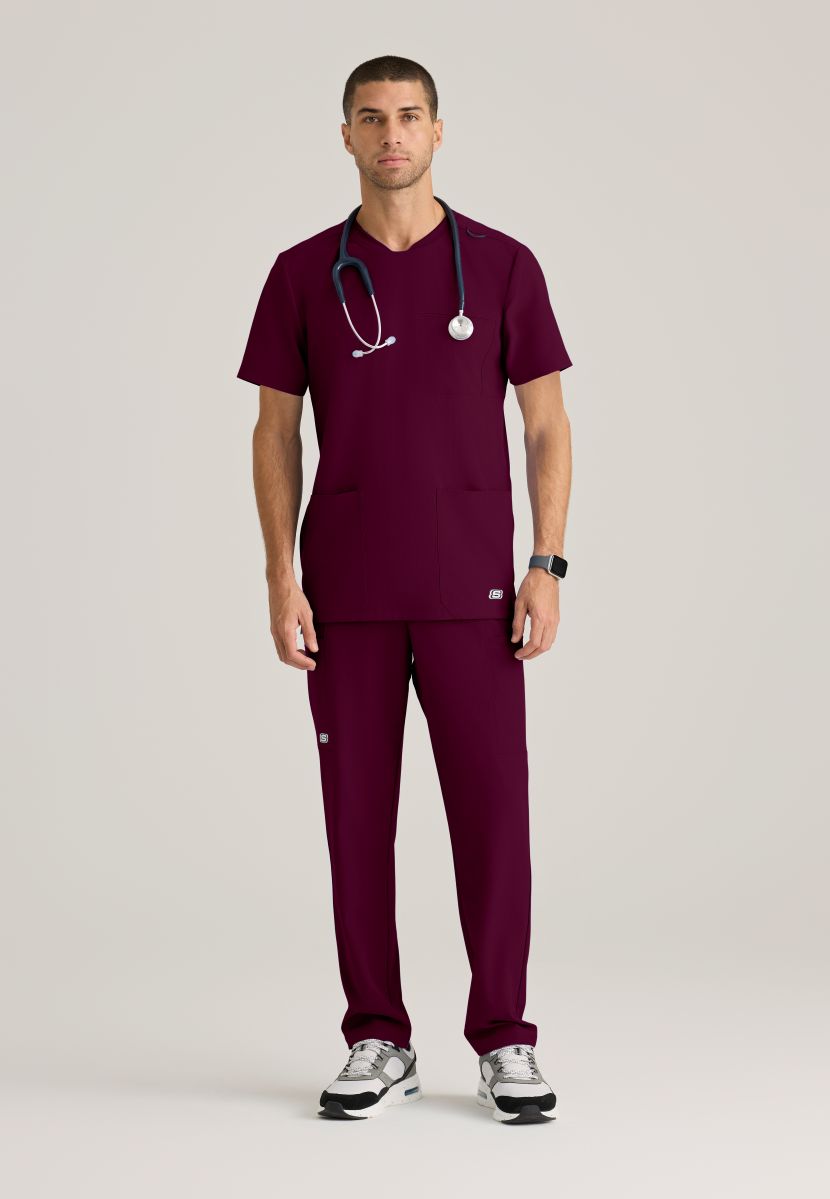 SKECHERS MALE THESIS THREE POCKET, ROUNDED NECKLINE SCRUB TOP | Wine
