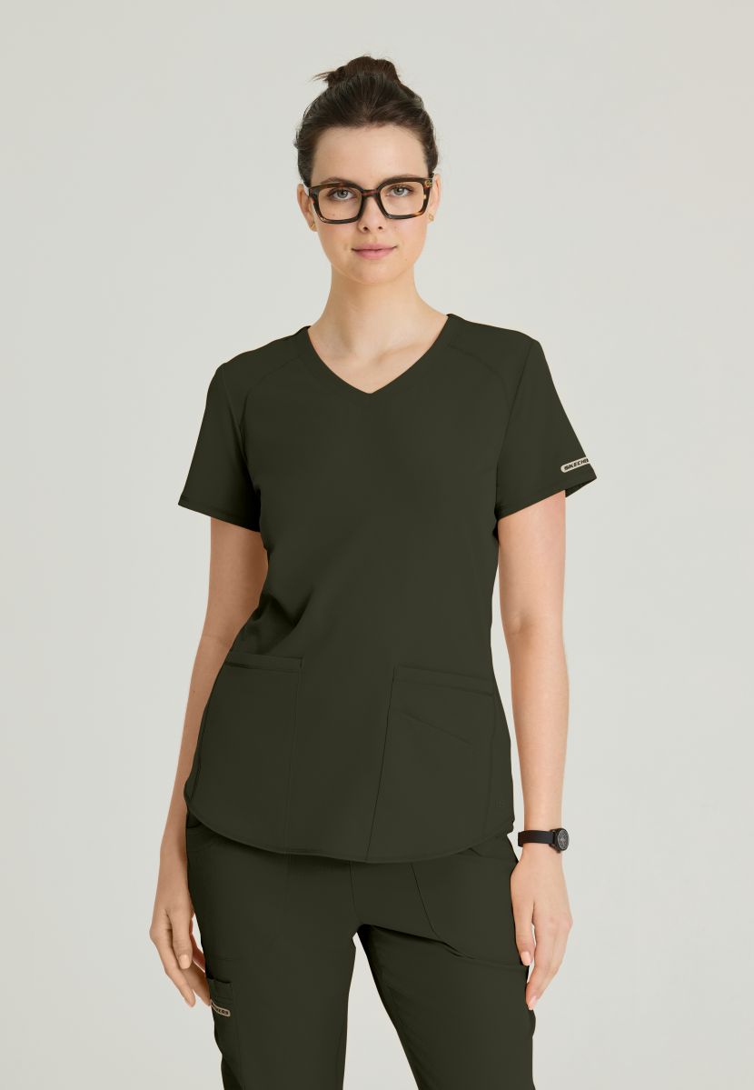 Skechers Breeze 3 Pocket Shaped Hem Scrub Top | Olive