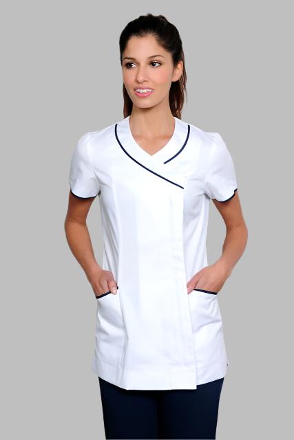 Nursing Uniform Tunic T1 Side Concealed Zip + 2 pockets | WHITE/NAVY