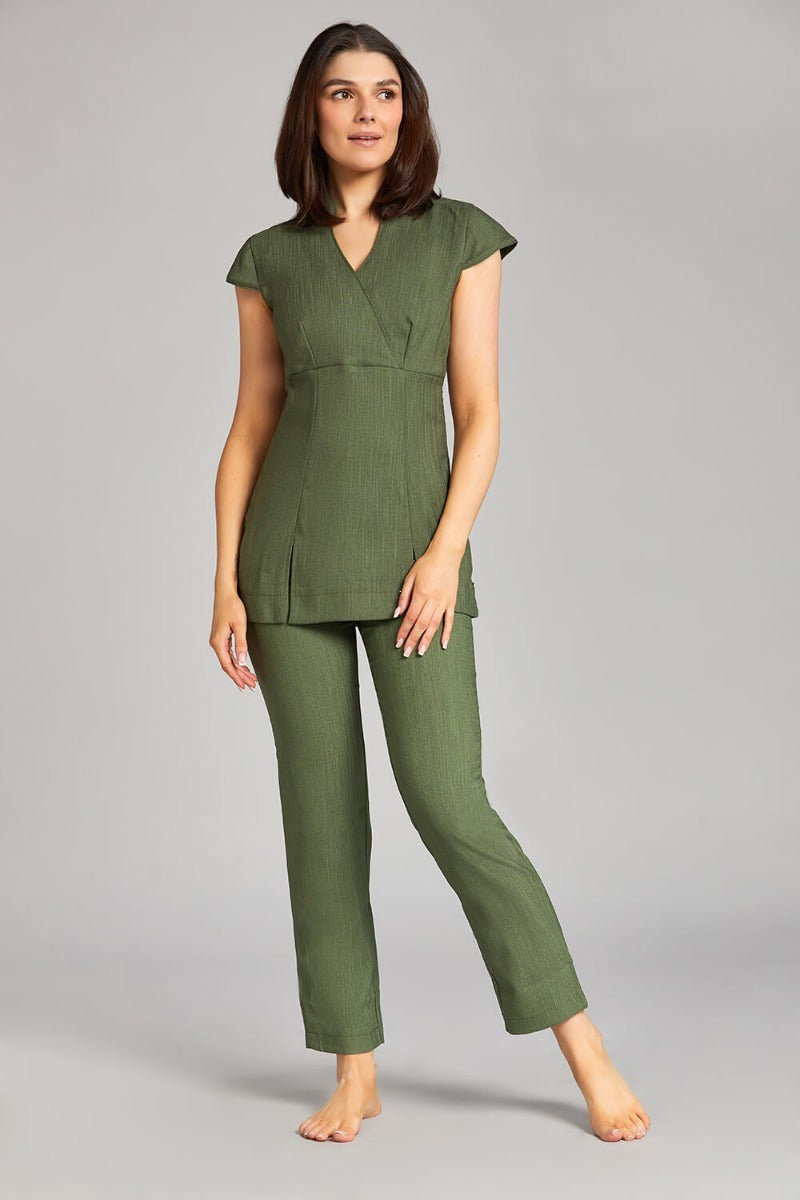 NICOLE WRAP EFFECT BEAUTY TUNIC | MOSS GREEN LINEN LOOK