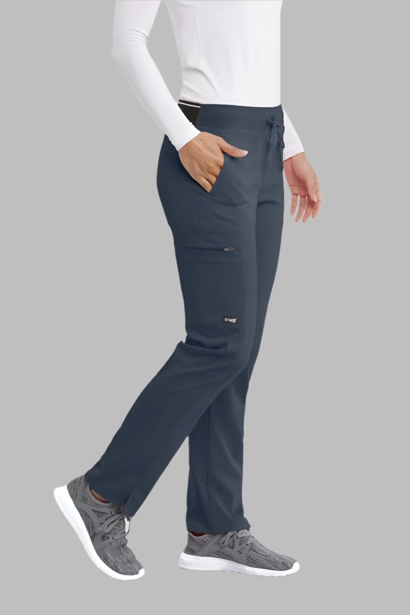 Greys Anatomy Kim 3 Pocket Elastic Back Waistband Zip-Pocket Pants PETITE (29") leg length  | Steel