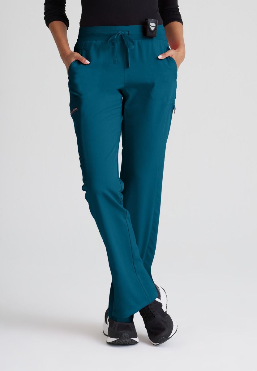 Greys Anatomy Kim 3 Pocket Elastic Back Waistband Zip-Pocket Pants PETITE (29") leg length  | Bahama / Caribbean