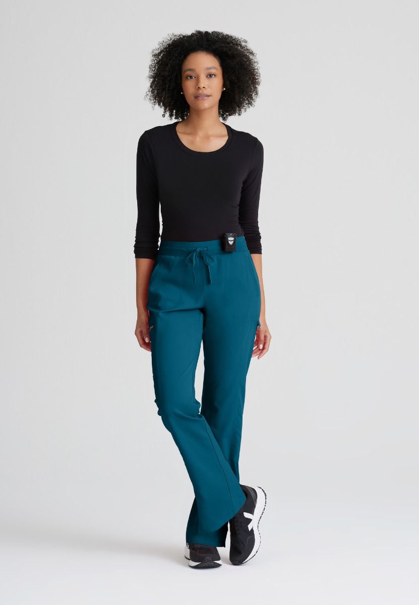 Greys Anatomy Kim 3 Pocket Elastic Back Waistband Zip-Pocket Pants PETITE (29") leg length  | Bahama / Caribbean
