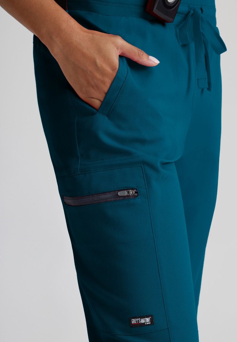 Greys Anatomy Kim 3 Pocket Elastic Back Waistband Zip-Pocket Pants PETITE (29") leg length  | Bahama / Caribbean