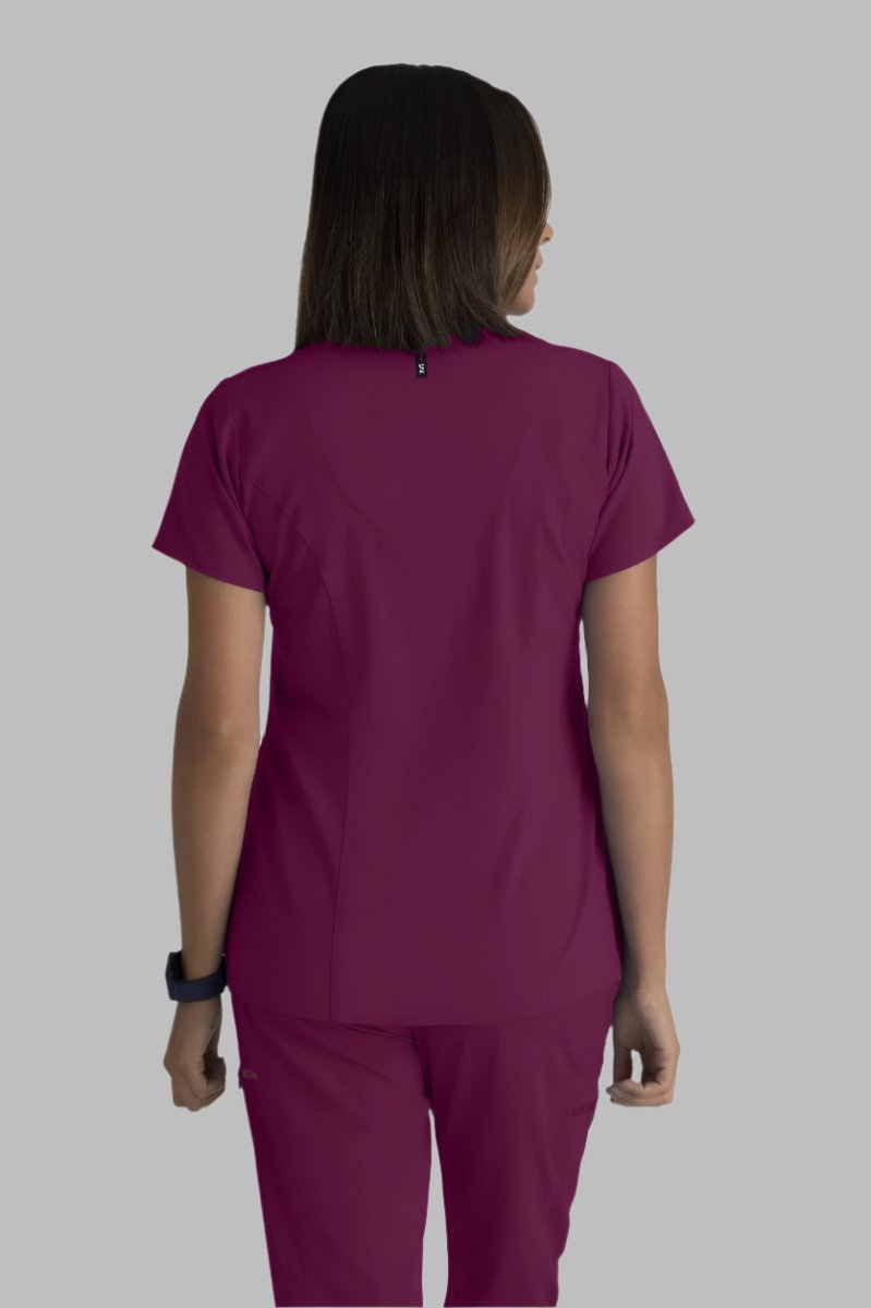 Greys Anatomy V-Neck Kim Top with Zip Front Pocket | Wine