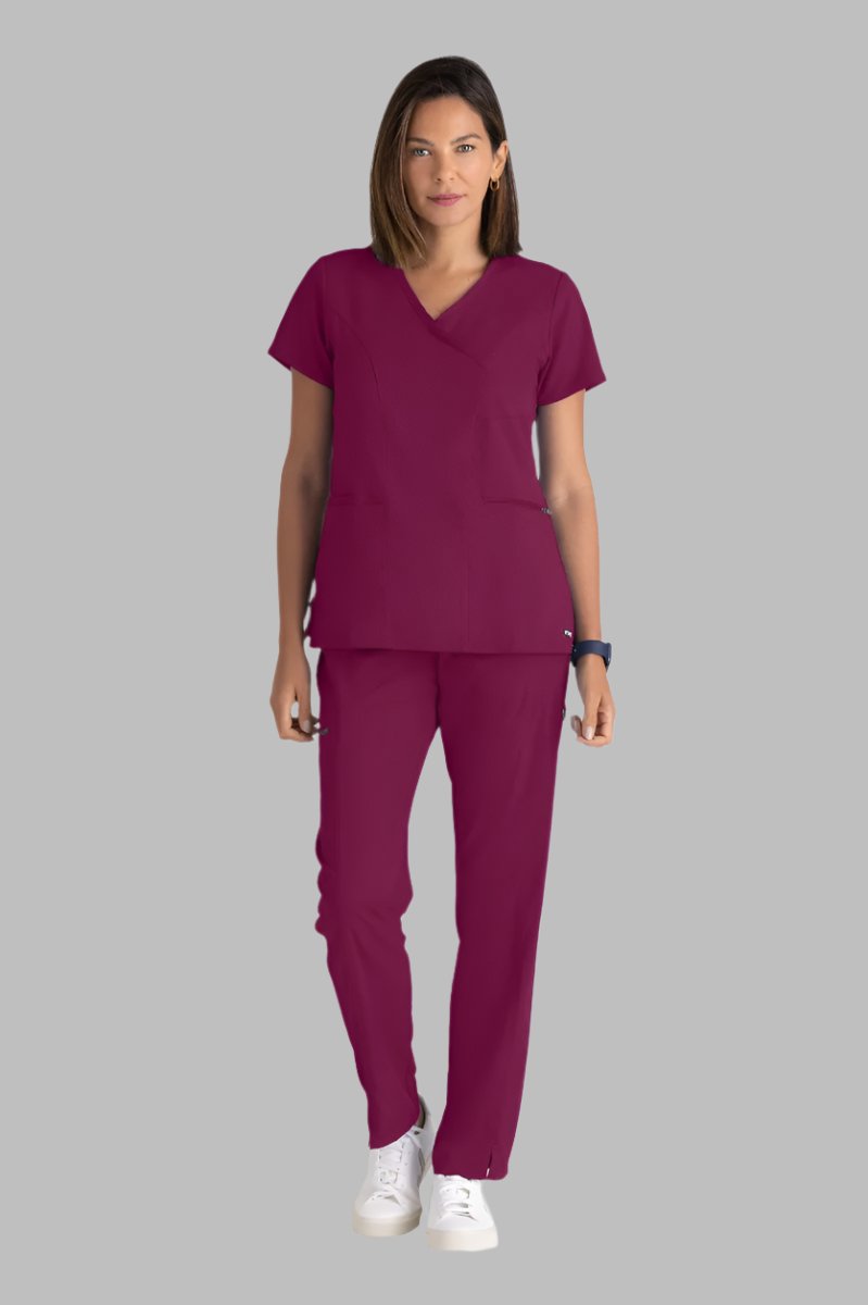Greys Anatomy V-Neck Kim Top with Zip Front Pocket | Wine